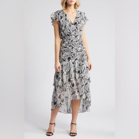 NEW TAHARI ASL Paisley Side Ruched Midi Dress in Black Ivory Plus Size 14 - Picture 1 of 14